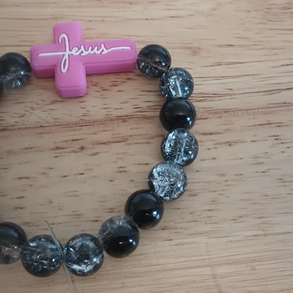 Pink and Black Beaded Bracelet with The Cross White